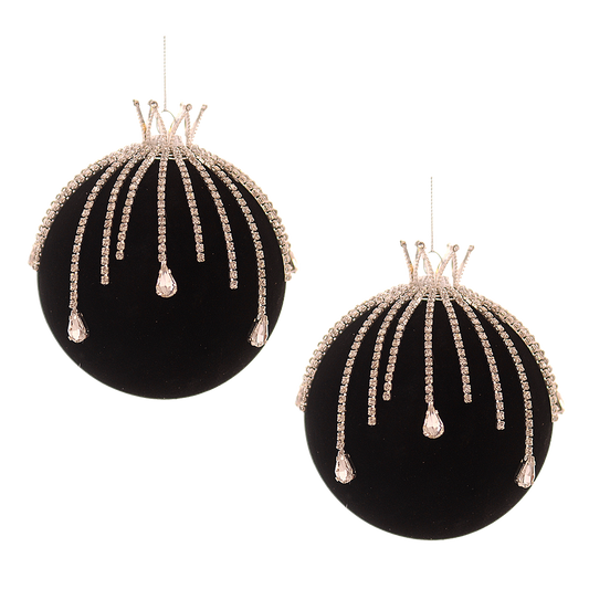 Viv! Christmas Kerstbal - Fluwelen Bal met Kroon en Diamanten - set van 2 - glas - zwart - Ø10cm