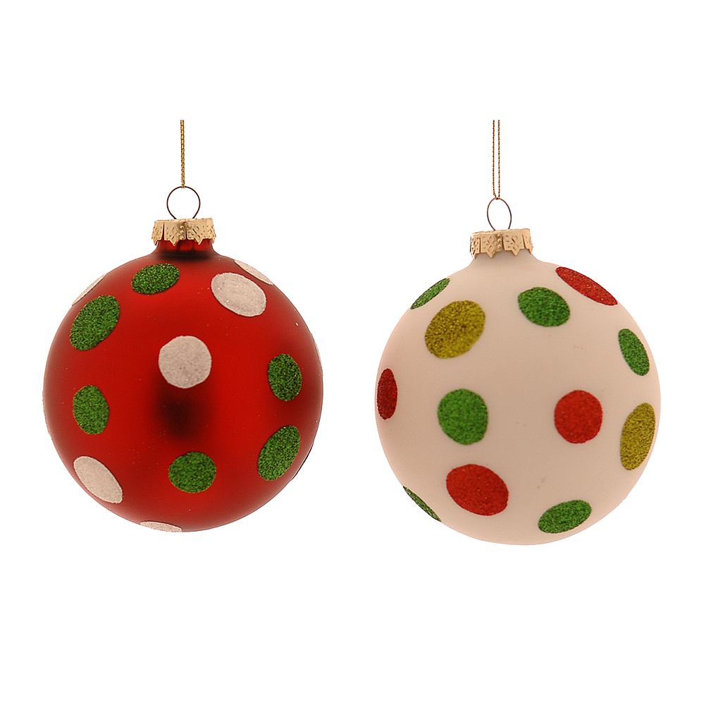 Viv! Christmas Kerstbal - Glitter Polkadots - set van 2 - glas - rood groen wit - Ø10cm