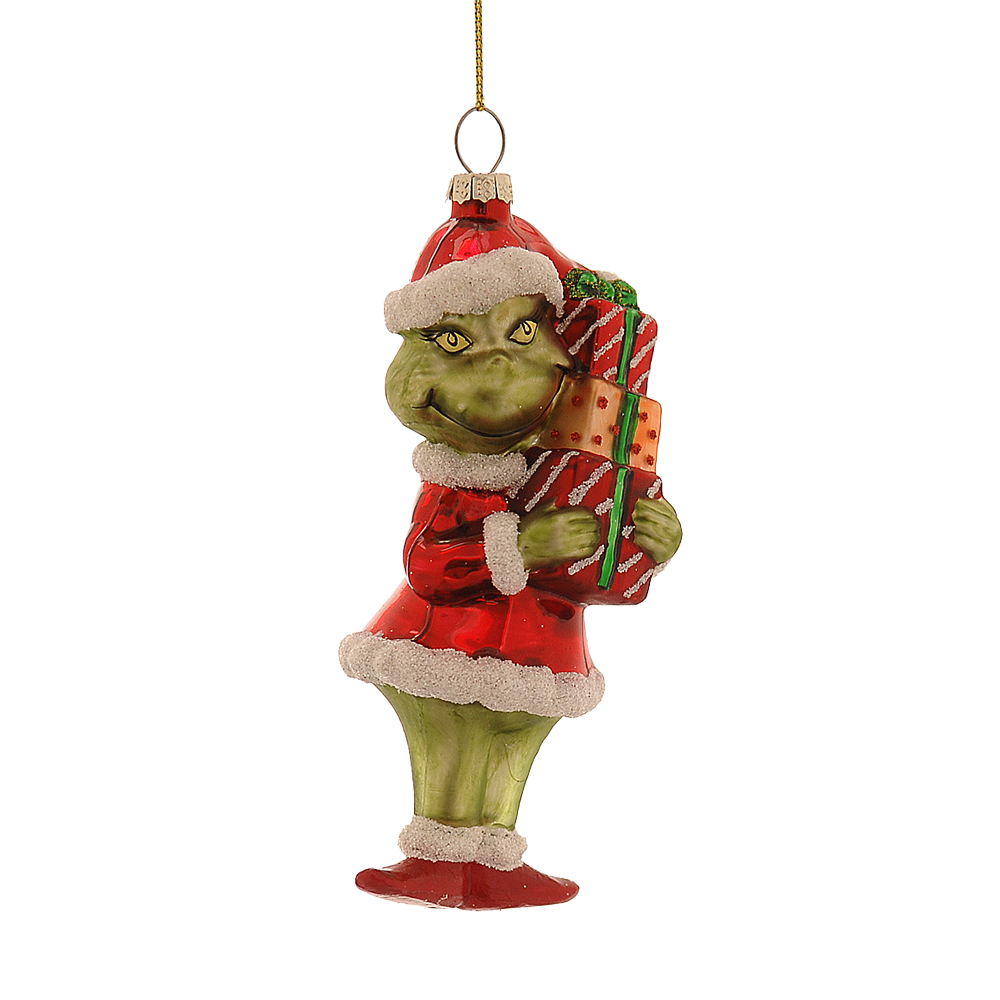 Viv! Christmas Kerstornament - Ondeugend Groen Monster met Kerstmuts en Cadeaus - glas - rood groen - 15cm