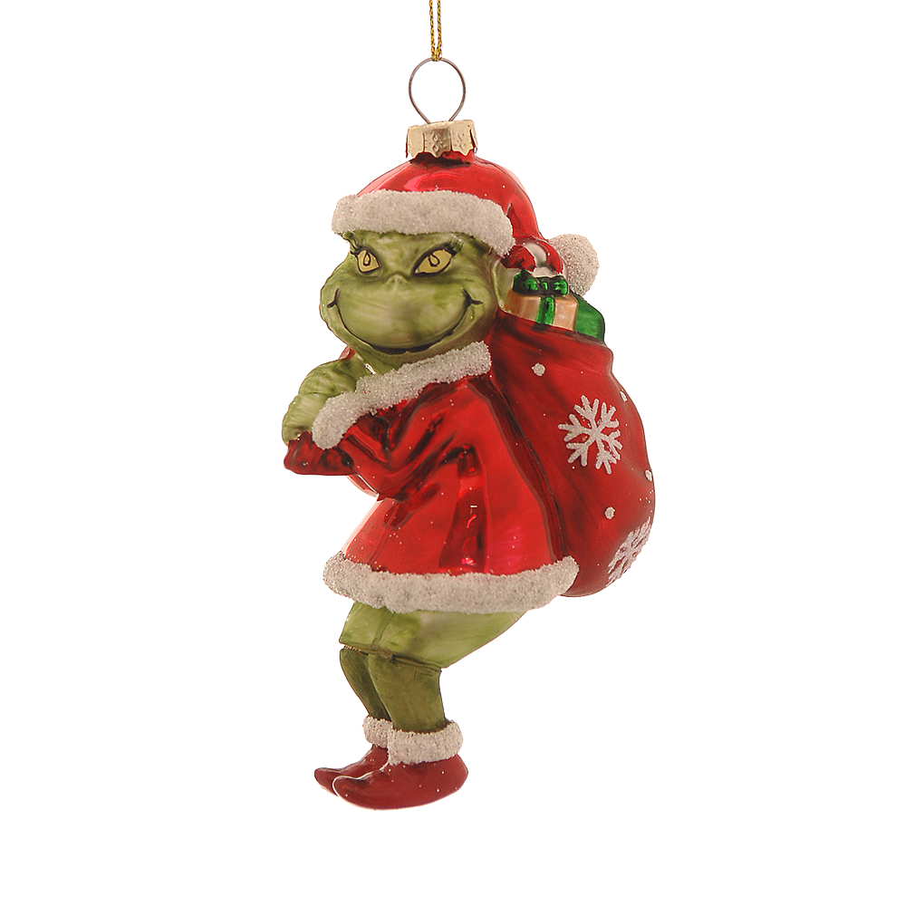 Viv! Christmas Weihnachtsanhänger – Freches grünes Monster mit Weihnachtsmütze und Geschenkesack – Glas – Rot Grün – 14 cm