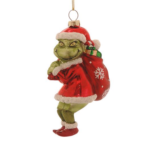 Viv! Christmas Weihnachtsanhänger – Freches grünes Monster mit Weihnachtsmütze und Geschenkesack – Glas – Rot Grün – 14 cm