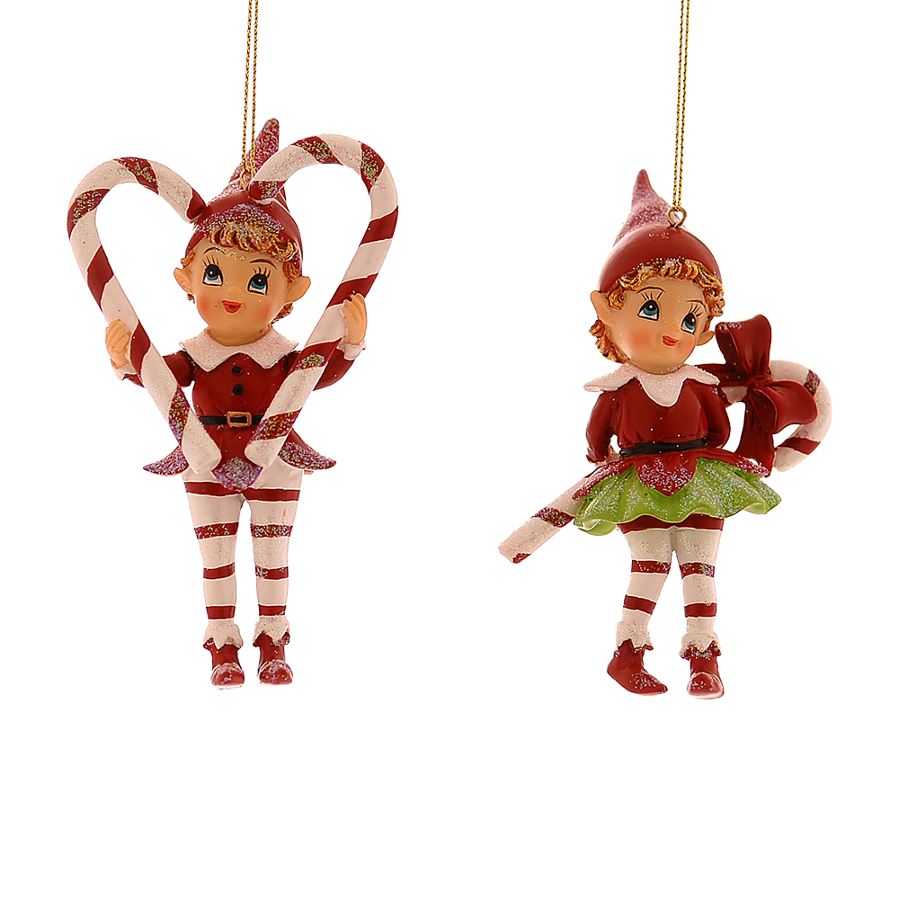Viv! Christmas Kerstornament - Elf met Zuurstokken - set van 2 - rood wit - 11cm