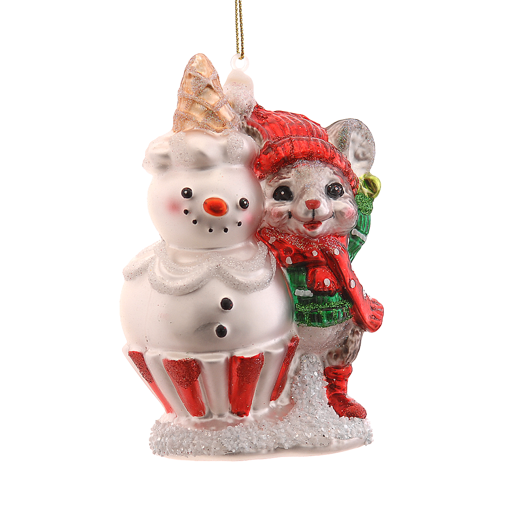 Viv! Christmas ornament - Mouse with Snowman - glass - red white - 12cm