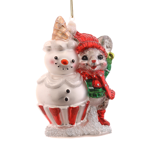 Viv! Christmas ornament - Mouse with Snowman - glass - red white - 12cm