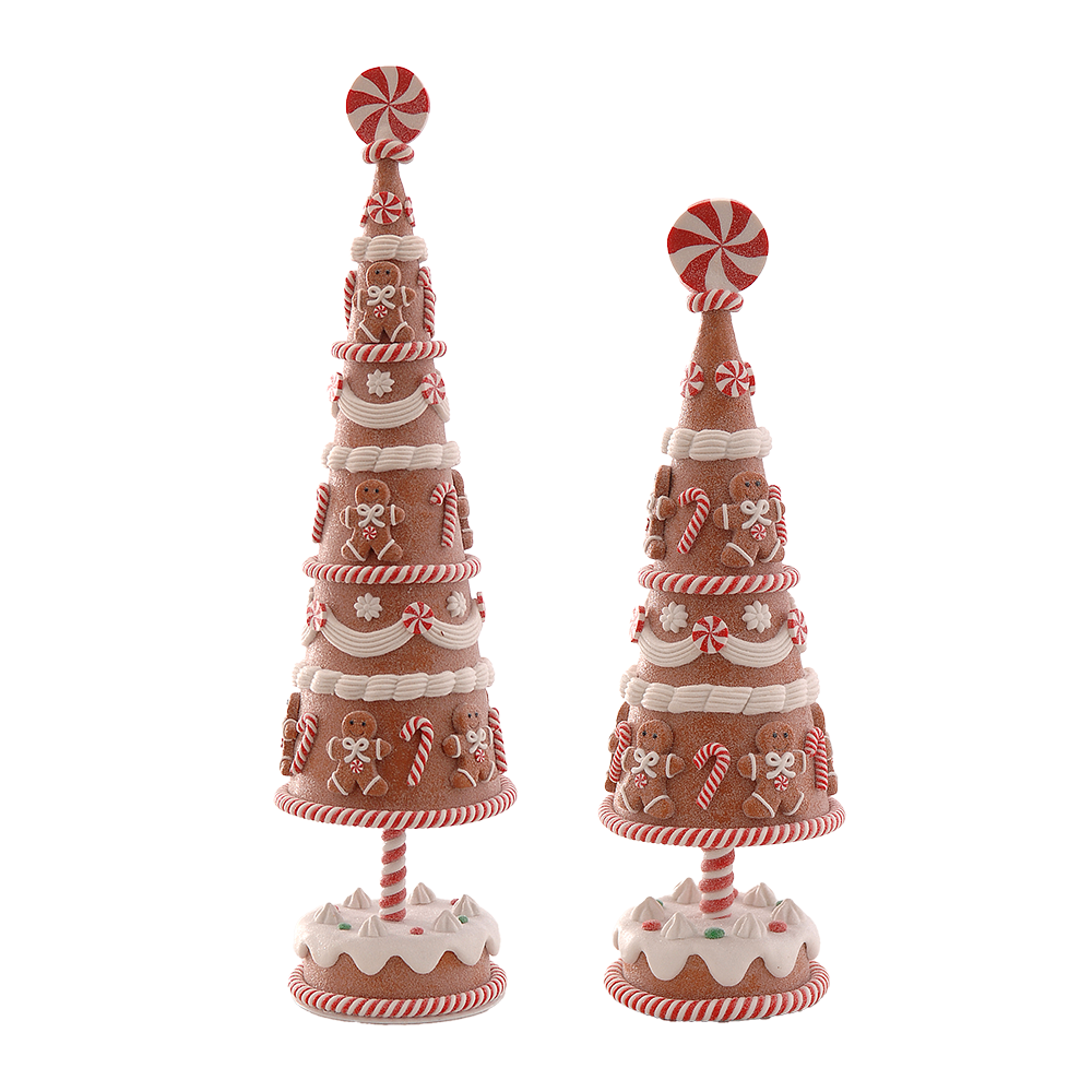 Viv! Christmas Kerstbeeld - Gingerbread Boom met Snoep - set van 2 - rood wit bruin - 38 en 31cm