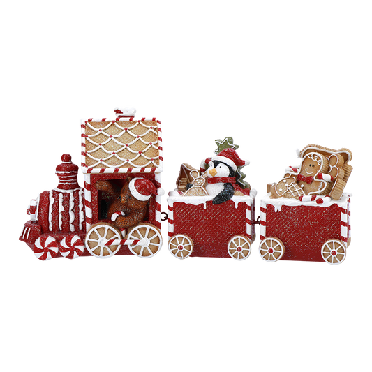 Viv! Christmas Kerstbeeld - Gingerbread Trein met Pinguïn - rood wit - 33x15cm