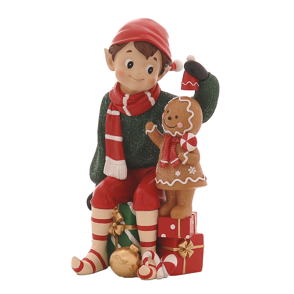 Viv! Christmas Kerstbeeld - Elf met Gingerbread Poppetje - groen rood - 27cm