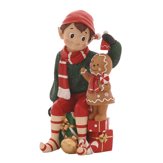 Viv! Christmas Kerstbeeld - Elf met Gingerbread Poppetje - groen rood - 27cm