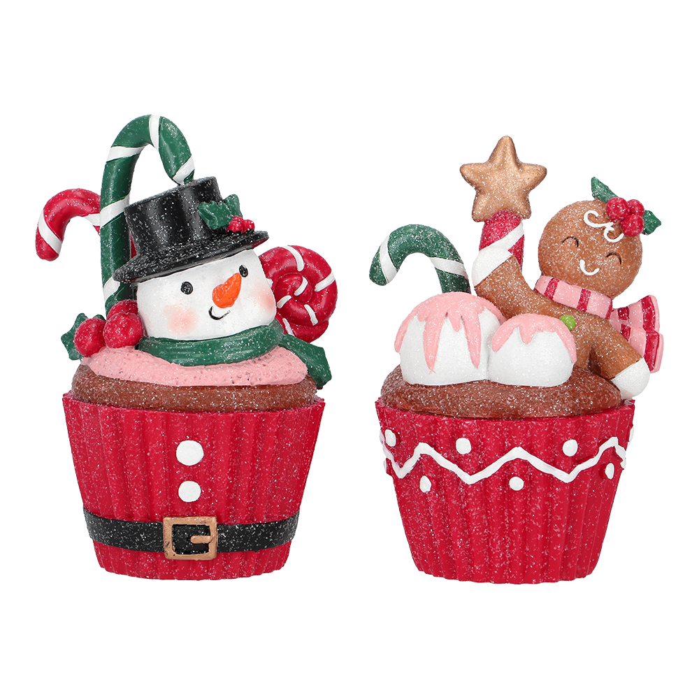 Viv! Christmas Tabletop Figure - Cupcake Gingerbread & Snowman - set of 2 - red white brown - 15cm