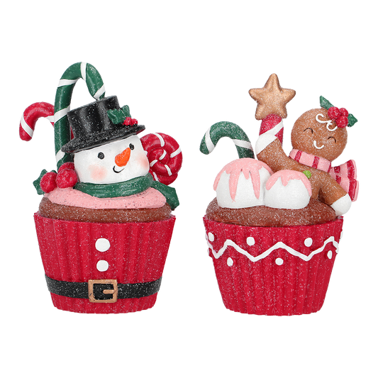 Viv! Christmas Kerstbeeld - Cupcake Gingerbread & Sneeuwpop - set van 2 - rood wit bruin - 15cm