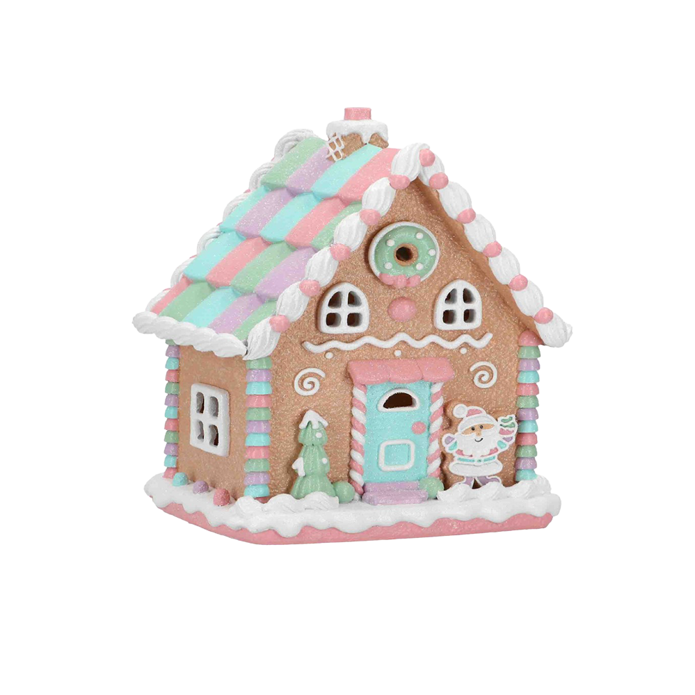 Viv! Christmas Kerstbeeld - Gingerbread Huis met Kerstman incl. LED Verlichting - pastel - bruin roze - 25cm