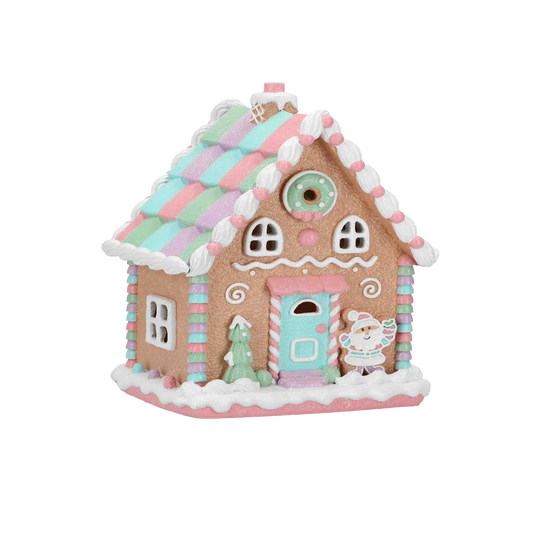 Viv! Christmas Weihnachtsfigur - Lebkuchenhaus mit Weihnachtsmann inkl. LED Beleuchtung - Pastell - braun rosa - 25cm