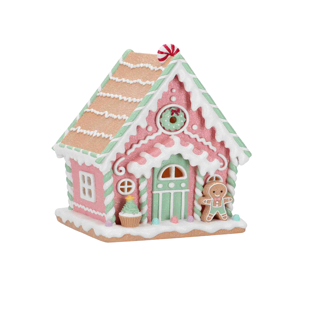 Viv! Weihnachtsstatue - Lebkuchenhaus inkl. LED-Beleuchtung - pastellrosa - 25cm