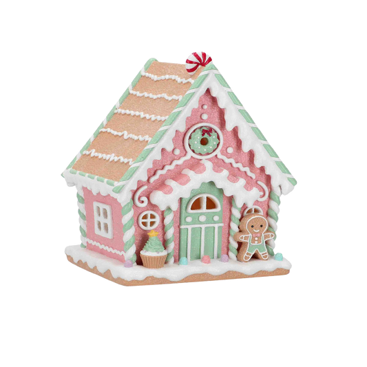 Viv! Christmas Weihnachtsfigur - Lebkuchenhaus inkl. LED Beleuchtung - Pastell rosa - 25cm