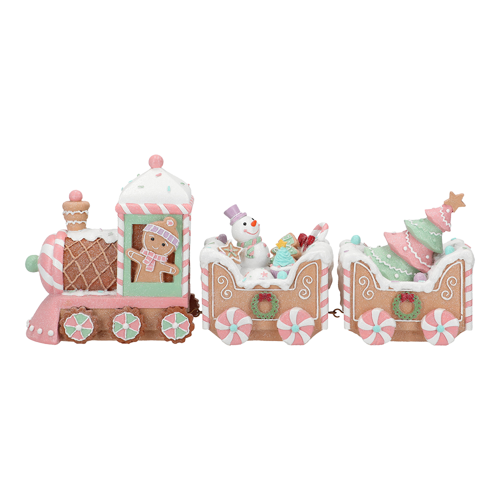 Viv! Christmas Tabletop Figure - Gingerbread Train with Snowman - pastel pink - 45x19cm