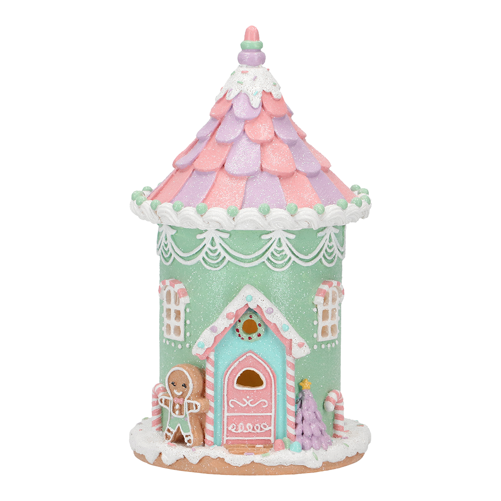 Viv! Christmas Kerstbeeld - Gingerbread Huisje met Snoep incl. LED Verlichting - pastel - roze groen - 21cm