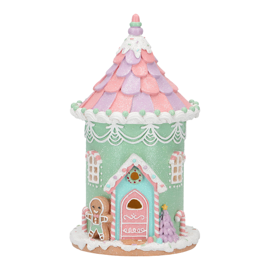 Viv! Christmas Weihnachtsfigur - Lebkuchenhaus mit Süßigkeiten inkl. LED Beleuchtung - Pastell - rosa grün - 21cm