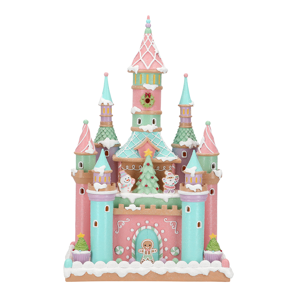 Viv! Weihnachtsstatue - Lebkuchenschloss voller Süßigkeiten inkl. LED-Beleuchtung - Pastell - Rosa Blau - 42cm