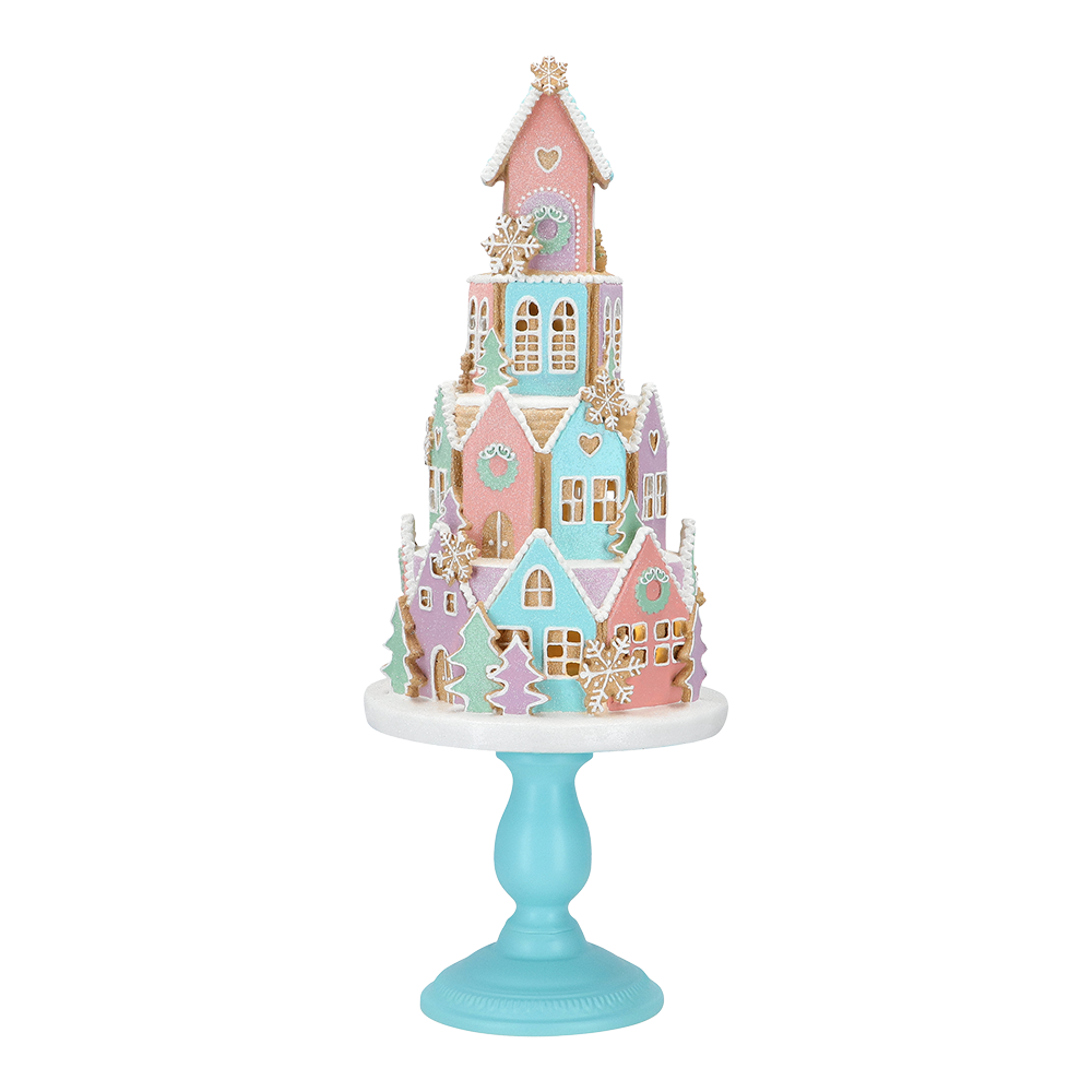 Viv! Christmas Kerstbeeld - Gingerbread Huisjes Taart op  Voetstuk incl. LED Verlichting - pastel - roze blauw - 59cm