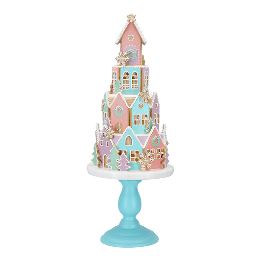 Viv! Christmas Kerstbeeld - Gingerbread Huisjes Taart op  Voetstuk incl. LED Verlichting - pastel - roze blauw - 59cm