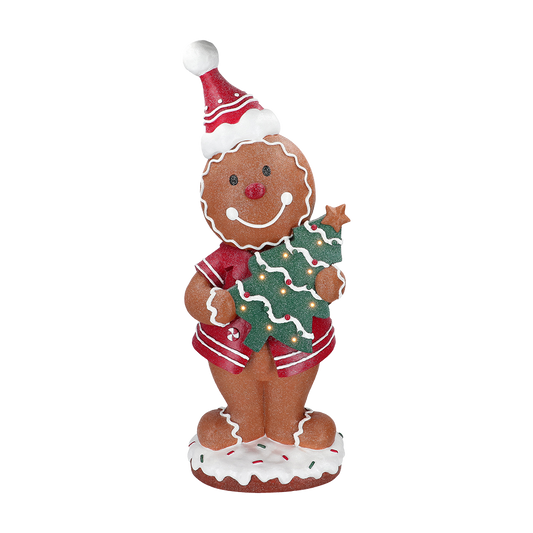 Viv! Christmas Kerstbeeld - XL Gingerbread Jongen met Kerstboom incl. LED Verlichting - bruin rood - 90cm