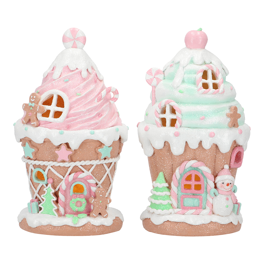 Viv! Christmas Kerstbeeld - Gingerbread Huis vol Snoep incl. LED Verlichting - set van 2 - pastel - roze blauw - 21cm