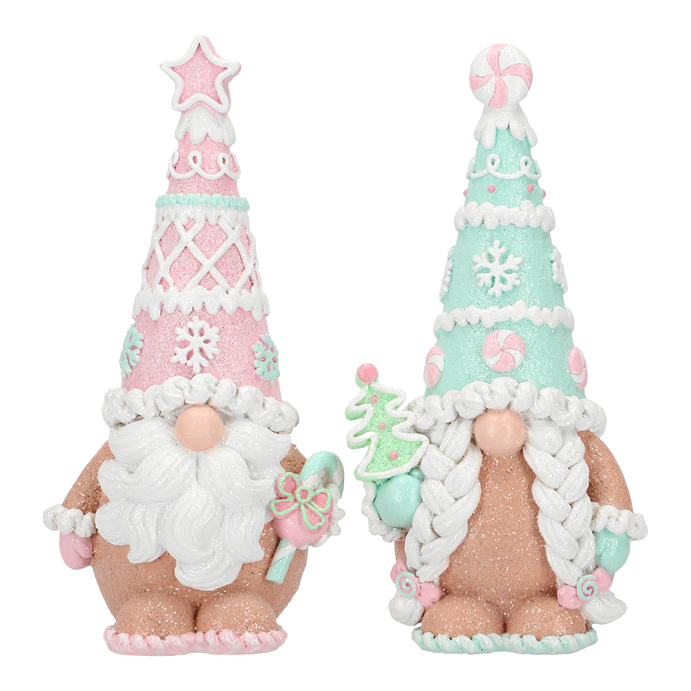 Viv! Christmas Kerstbeeld - Gingerbread Gnooms met Snoepgoed - set van 2 - pastel - roze blauw - 20cm