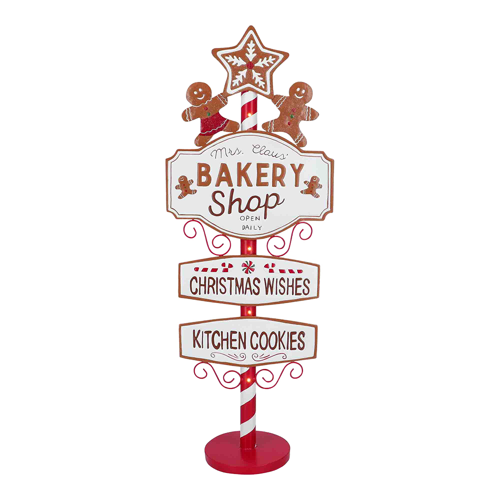 Viv! Christmas Kerstbeeld - Gingerbread Bakery Bord van Metaal incl. LED Verlichting - rood wit - 108cm