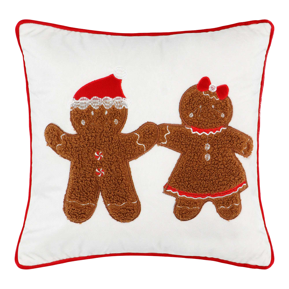 Viv! Christmas Kerst Kussen - Gingerbread Jongen en Meisje - bruin wit rood - vierkant - 40x40cm