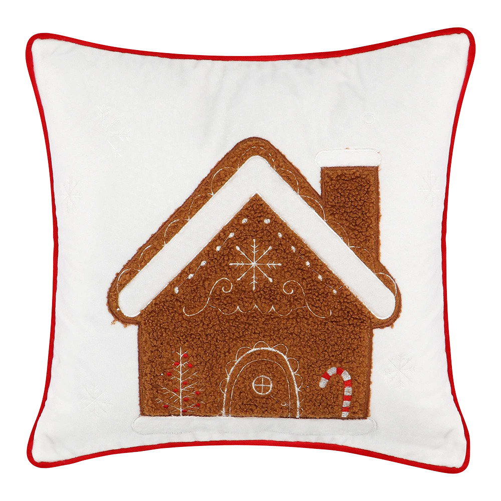 Viv! Christmas Kerst Kussen - Gingerbread Huis - bruin wit rood - vierkant - 40x40cm