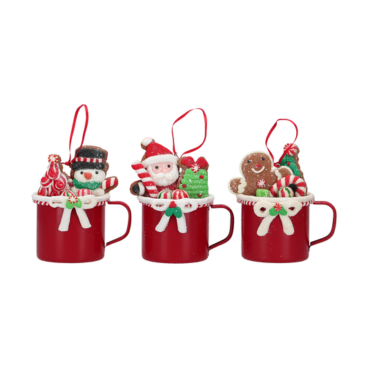 Viv! Christmas Weihnachtsanhänger – Tassen mit Weihnachtsmann, Schneemann & Lebkuchenfigur – 3er Set – Rot – 10 cm