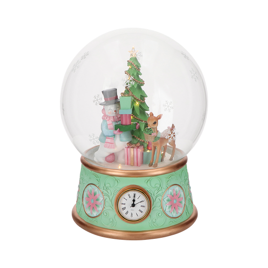 Viv! Christmas Kerstbeeld - Sneeuwpop & Hert bij Kerstboom incl. Klok en Muziek - pastel - groen roze - 40cm