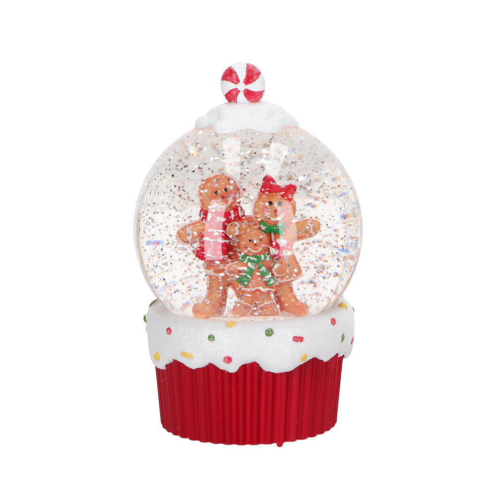 Viv! Christmas Kerst Sneeuwbol incl. LED - Gingerbread Familie Cupcake - automatisch - rood wit - 19cm