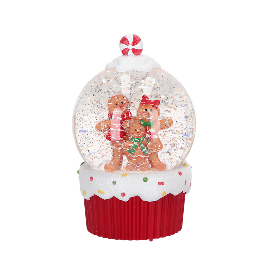 Viv! Christmas Kerst Sneeuwbol incl. LED - Gingerbread Familie Cupcake - automatisch - rood wit - 19cm