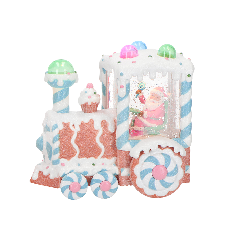 Viv! Christmas Kerst Sneeuwbol incl. LED - Gingerbread Trein met Kerstman  - automatisch - pastel blauw - 18cm