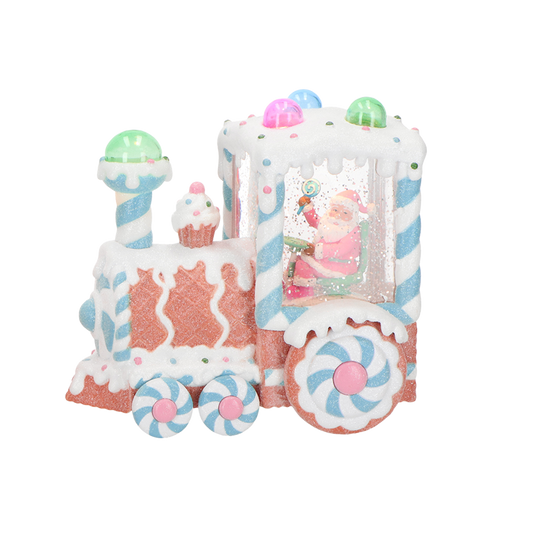 Viv! Christmas Kerst Sneeuwbol incl. LED - Gingerbread Trein met Kerstman  - automatisch - pastel blauw - 18cm