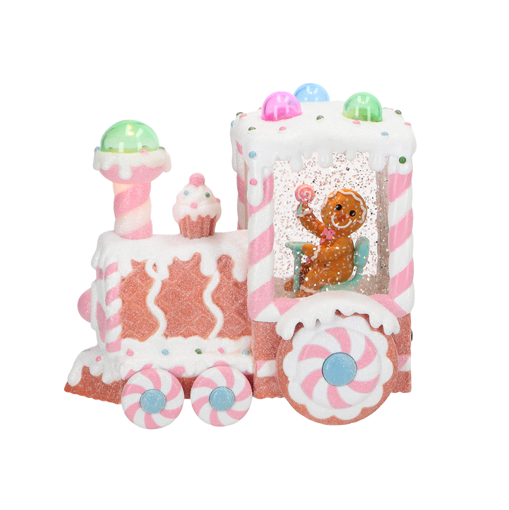 Viv! Christmas Snow Globe incl. LED - Gingerbread Train with Gingerbread Man - automatic - pastel pink - 18cm