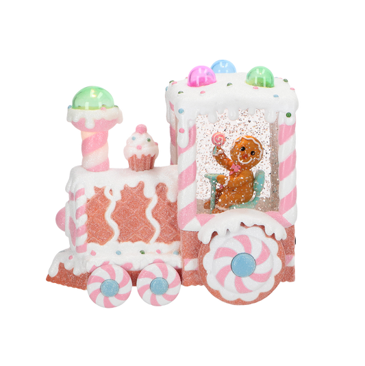 Viv! Christmas Kerst Sneeuwbol incl. LED - Gingerbread Trein met Peperkoekmannetje  - automatisch - pastel roze - 18cm