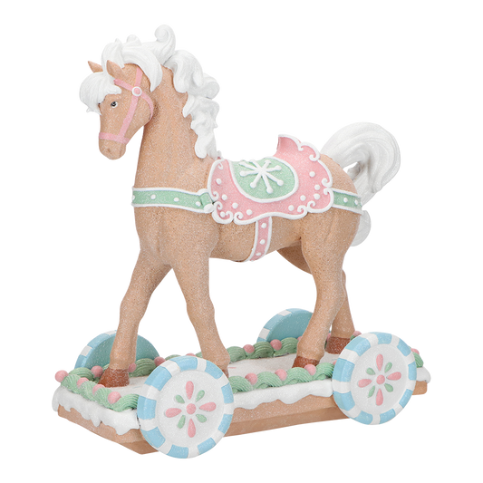 Viv! Christmas Kerstbeeld - Gingerbread Paard op Wagen - pastel roze - 38cm
