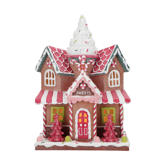 Viv! Christmas Kerstbeeld - Gingerbread 'Sweets' Huis incl. LED Verlichting - bruin rood - 29cm