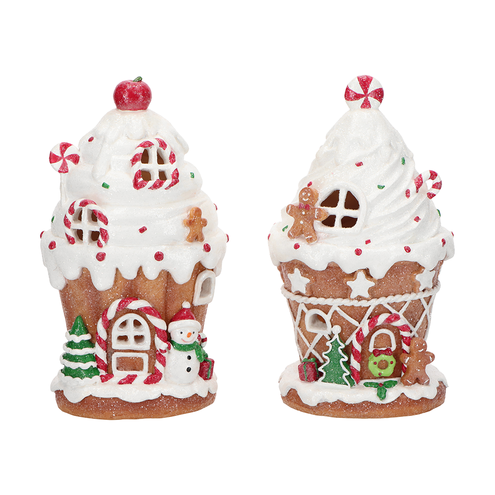 Viv! Christmas Tabletop Figure - Gingerbread House Full of Candy incl. LED Lighting - Set of 2 - Brown Red - 21cm