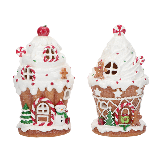 Viv! Christmas Kerstbeeld - Gingerbread Huis vol Snoep incl. LED Verlichting - set van 2 - bruin rood - 21cm