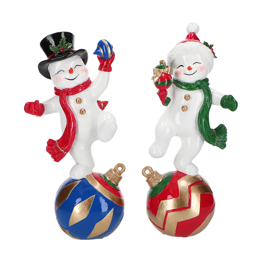 Viv! Christmas Kerstbeeld - Sneeuwpop op Kerstbal - set van 2 - rood blauw - 28cm