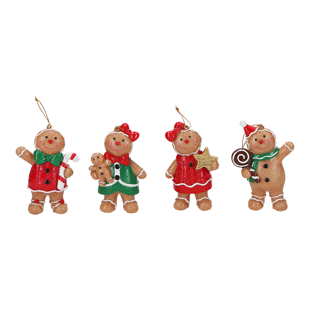 Viv! Christmas Kerstornament - Gingerbread Poppetjes - set van 4 - rood bruin - 9cm