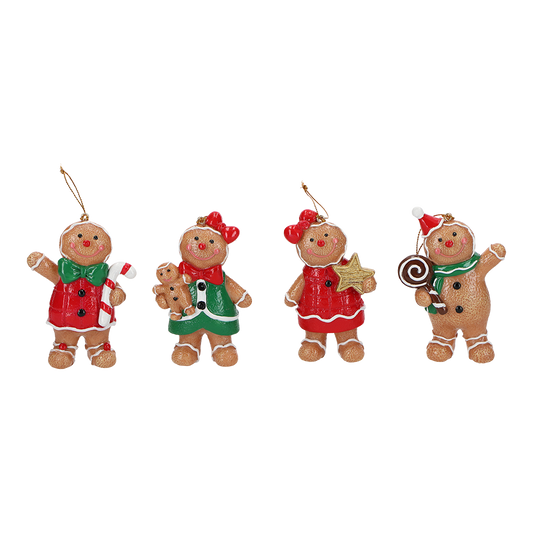 Viv! Christmas Kerstornament - Gingerbread Poppetjes - set van 4 - rood bruin - 9cm