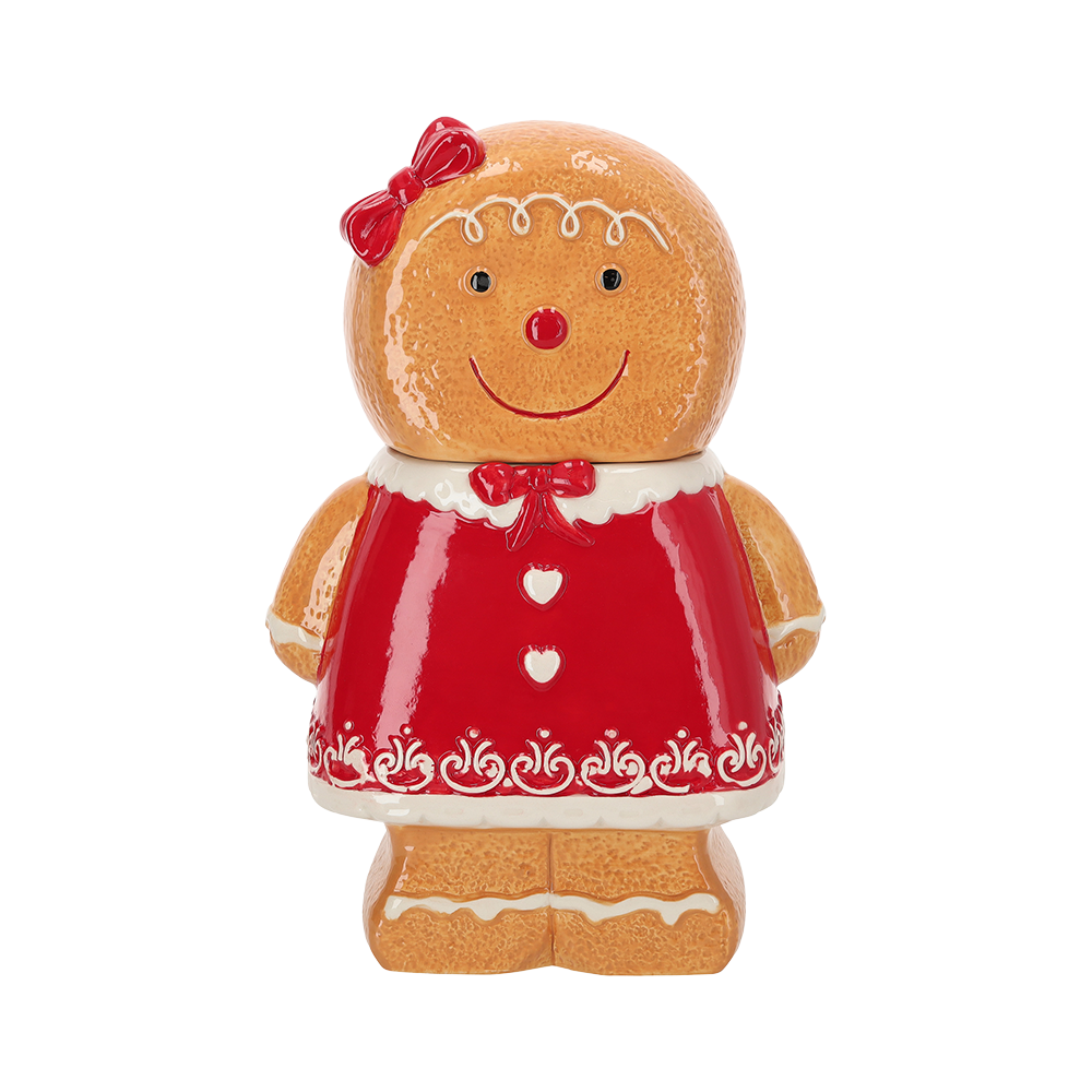 Viv! Christmas Kerstservies - Kerst Koektrommel Gingerbread Meisje - keramiek - bruin rood - 25cm