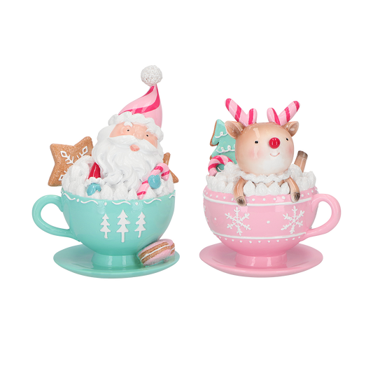 Viv! Christmas Kerstbeeld - Kerstman & Rendier in Kerstmok - set van 2 - pastel - 17 & 15cm