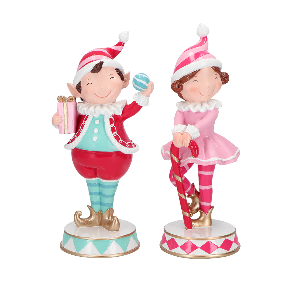 Viv! Christmas Kerstbeeld - Kerstelfjes met Cadeau en Zuurstok - set van 2 - roze rood - 29 & 28cm