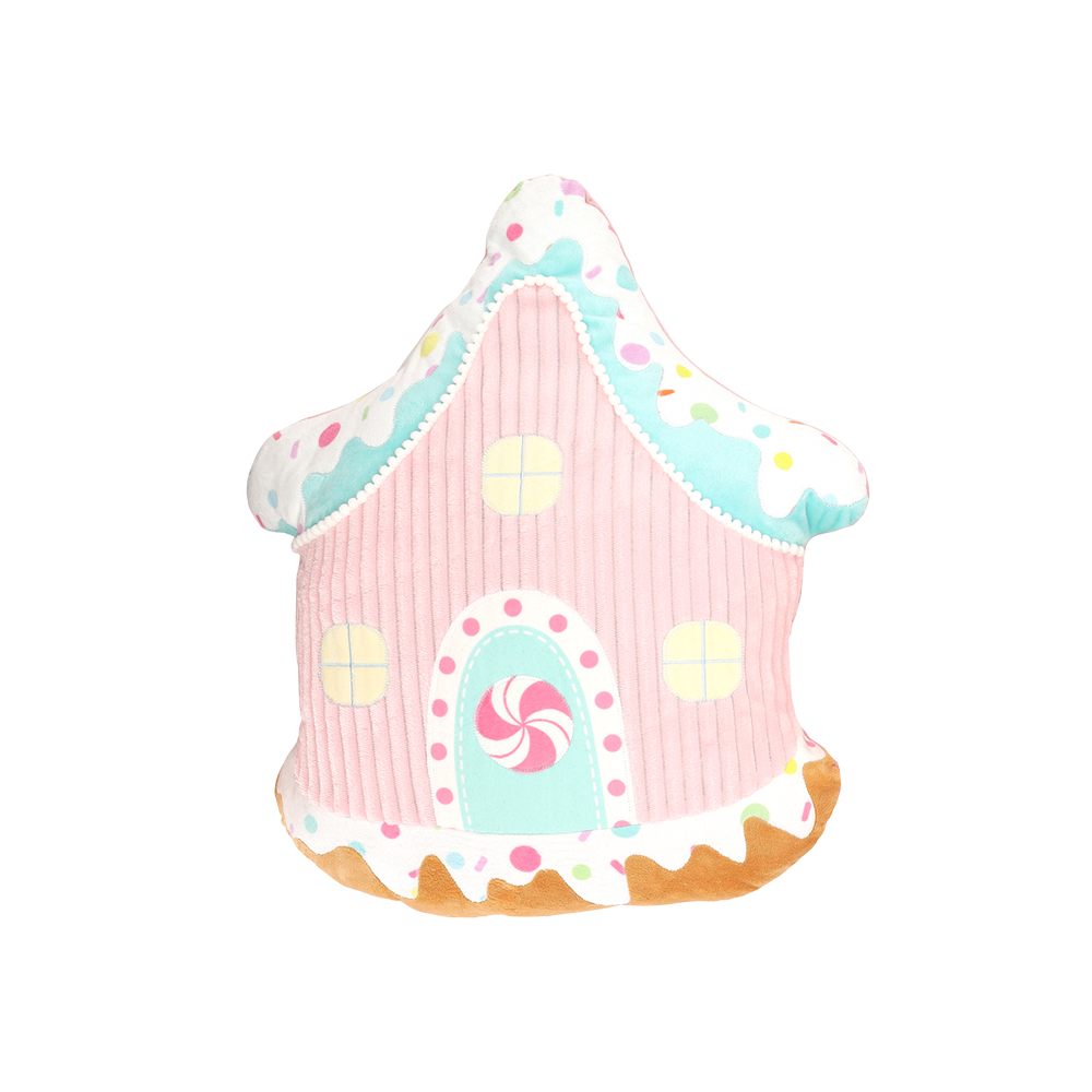Viv! Christmas Kerst Kussen - Gingerbread Huis met Pepermunt Snoep - pastel roze - 45cm
