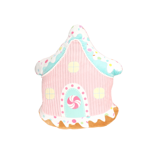 Viv! Christmas Kerst Kussen - Gingerbread Huis met Pepermunt Snoep - pastel roze - 45cm